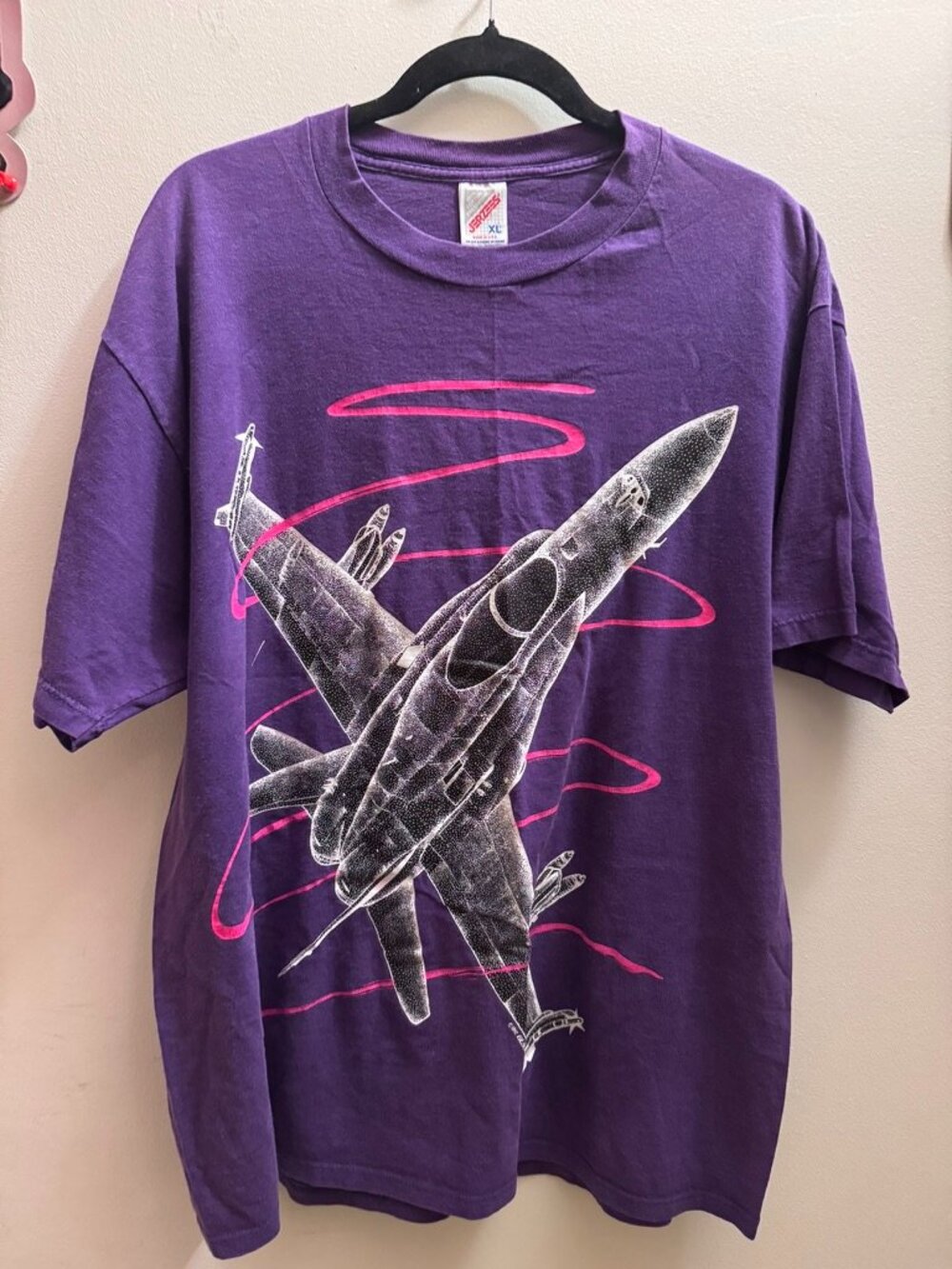 Vintage 90s Jerzees Mens Purple F/A-18 Hornet Fighter Jet T-Shirt Size XL